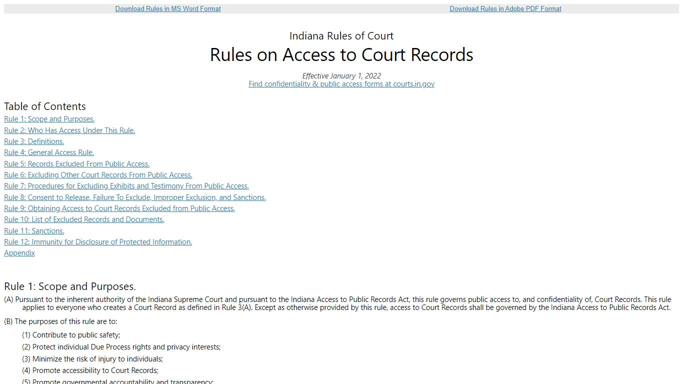 Indiana Rules on Access to Court Records